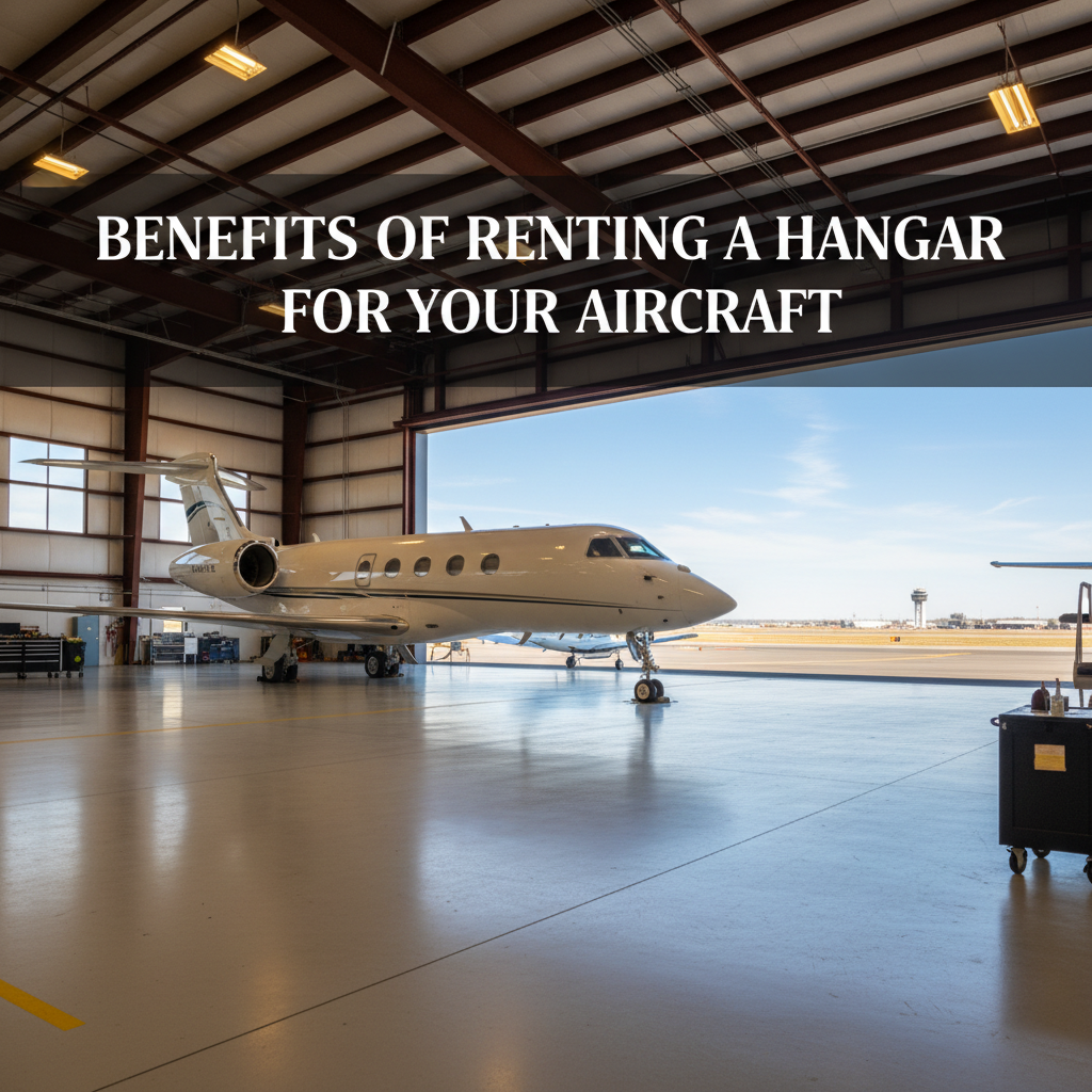 Professional blog header image for article titled: Benefits of Renting a Hangar for Your Aircraft. High quality, relevant imagery, clean composition.