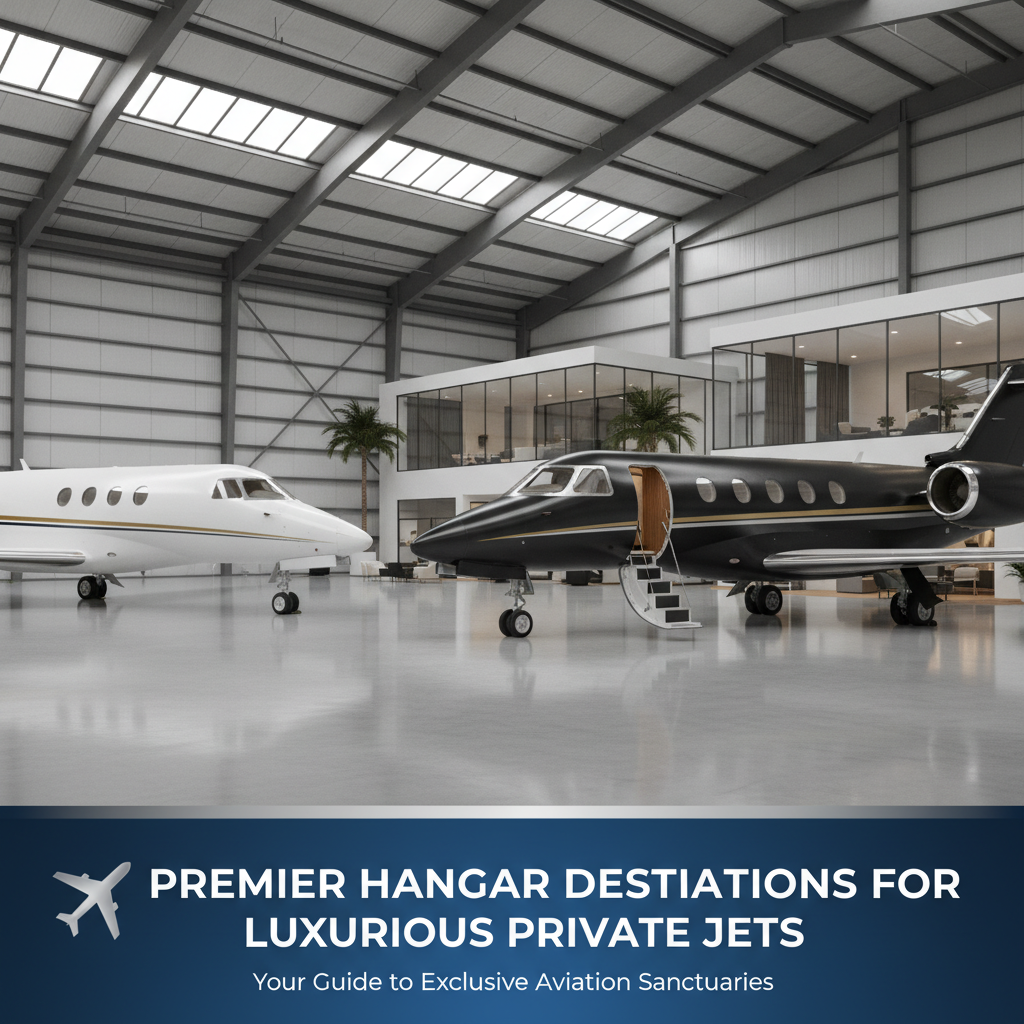 Professional blog header image for article titled: Premier Hangar Destinations for Luxurious Private Jets. High quality, relevant imagery, clean composition.