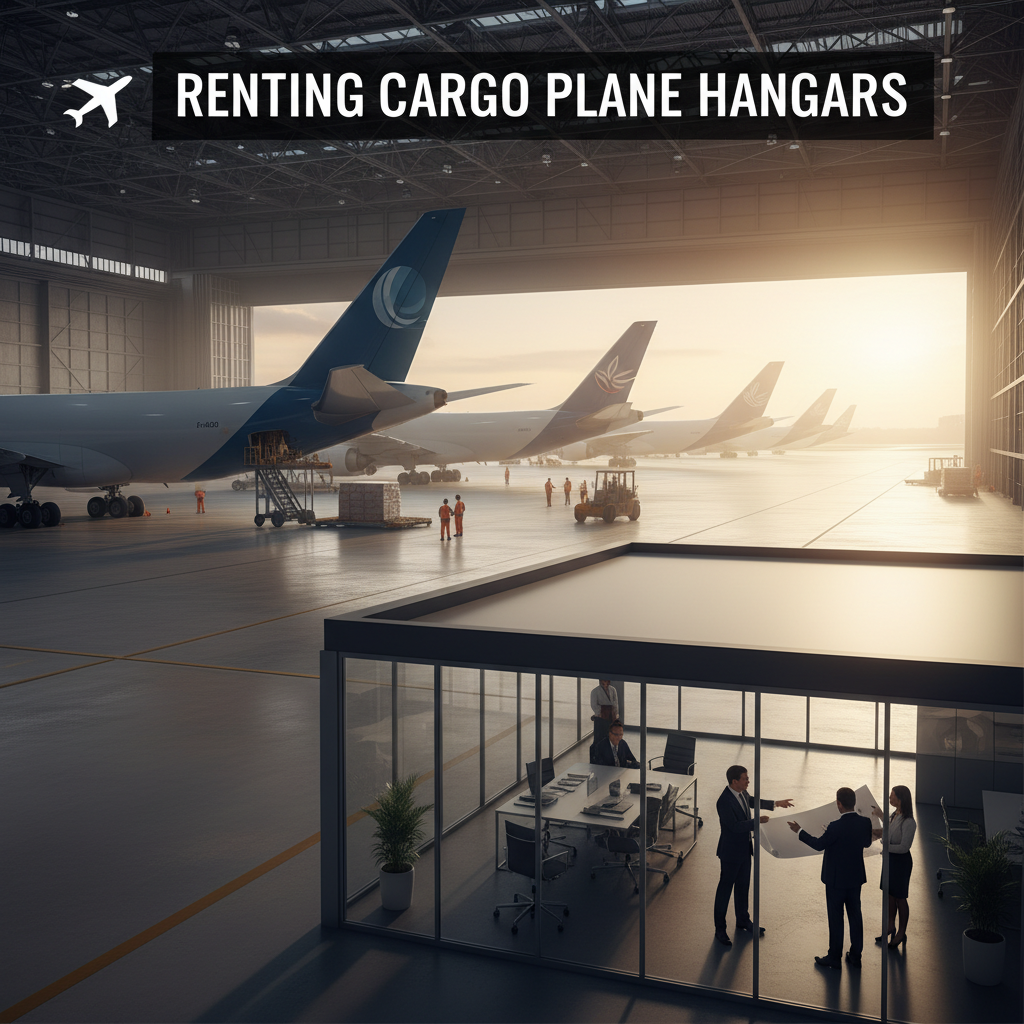 Professional blog header image for article titled: Renting Cargo Plane Hangars. High quality, relevant imagery, clean composition.