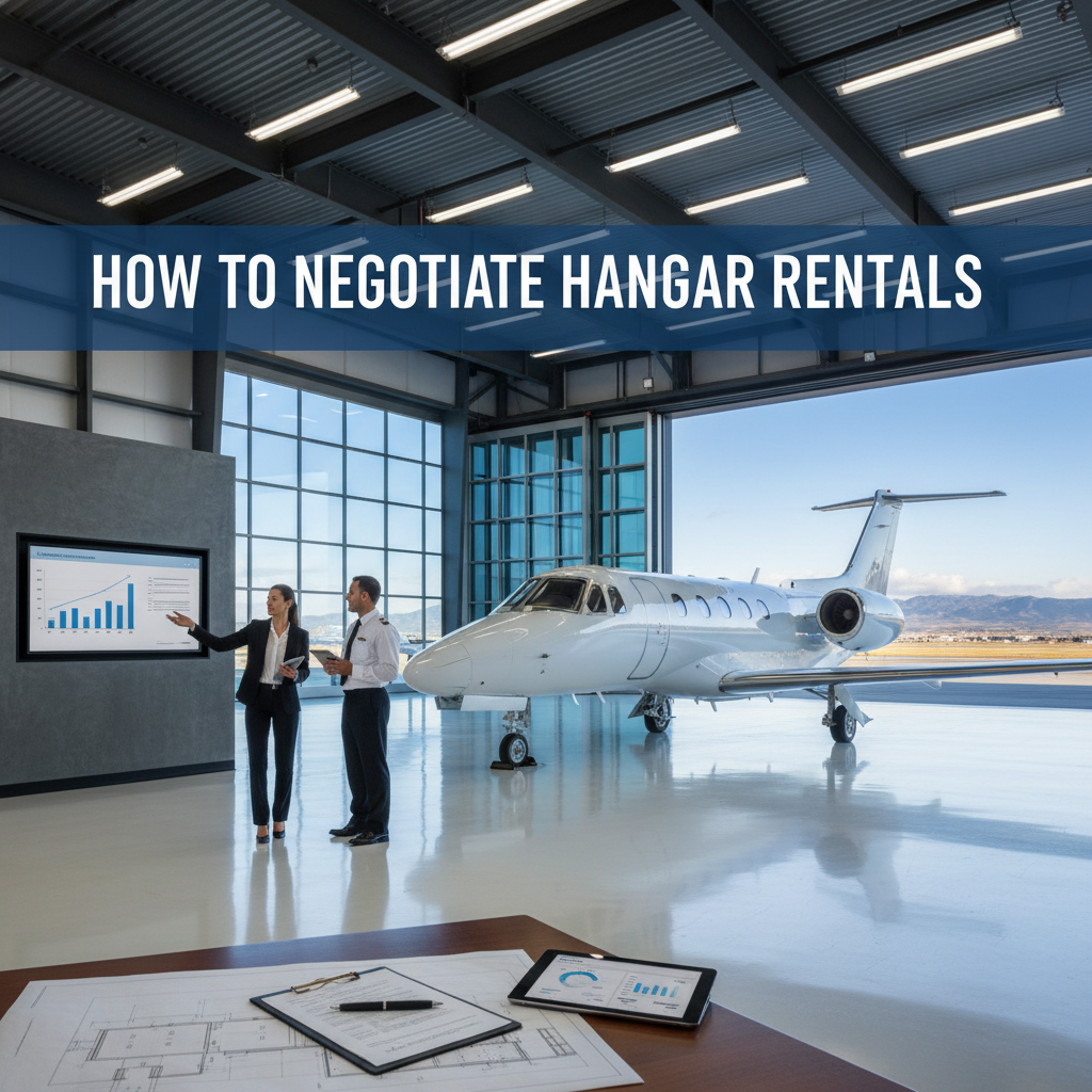 Professional blog header image for article titled: How to Negotiate Hangar Rentals. High quality, relevant imagery, clean composition.