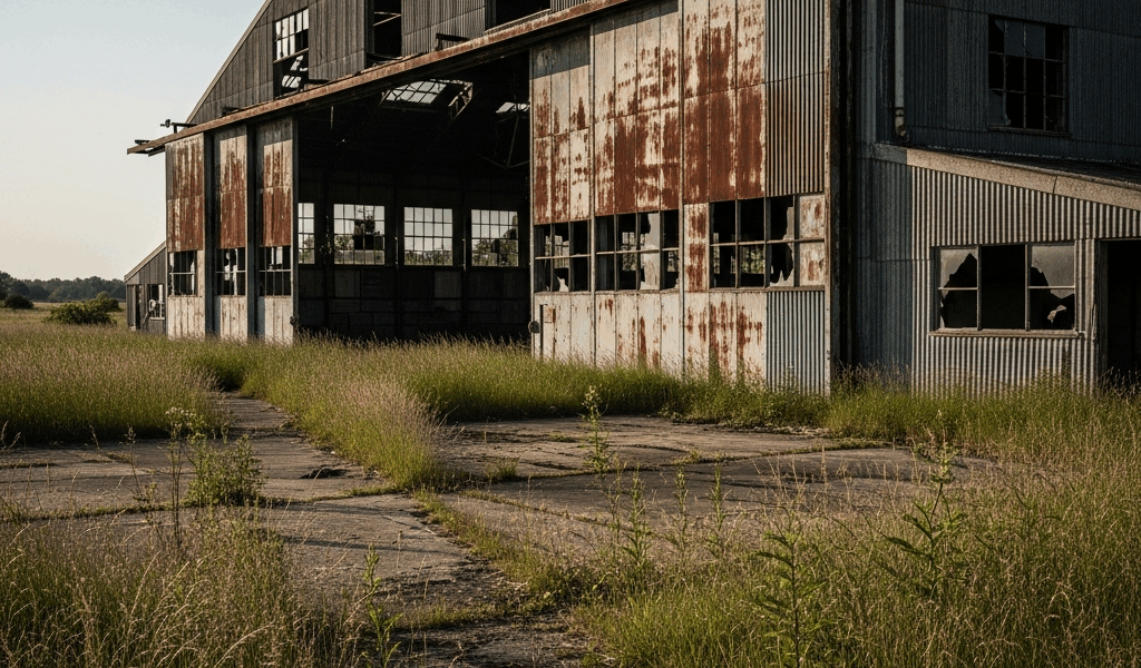 abandoned rusty aircraft hangar at rural airfield with overg 20260331 094230