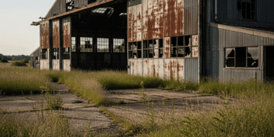 abandoned rusty aircraft hangar at rural airfield with overg 20260331 094230