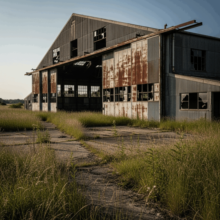 abandoned rusty aircraft hangar at rural airfield with overg 20260331 094230