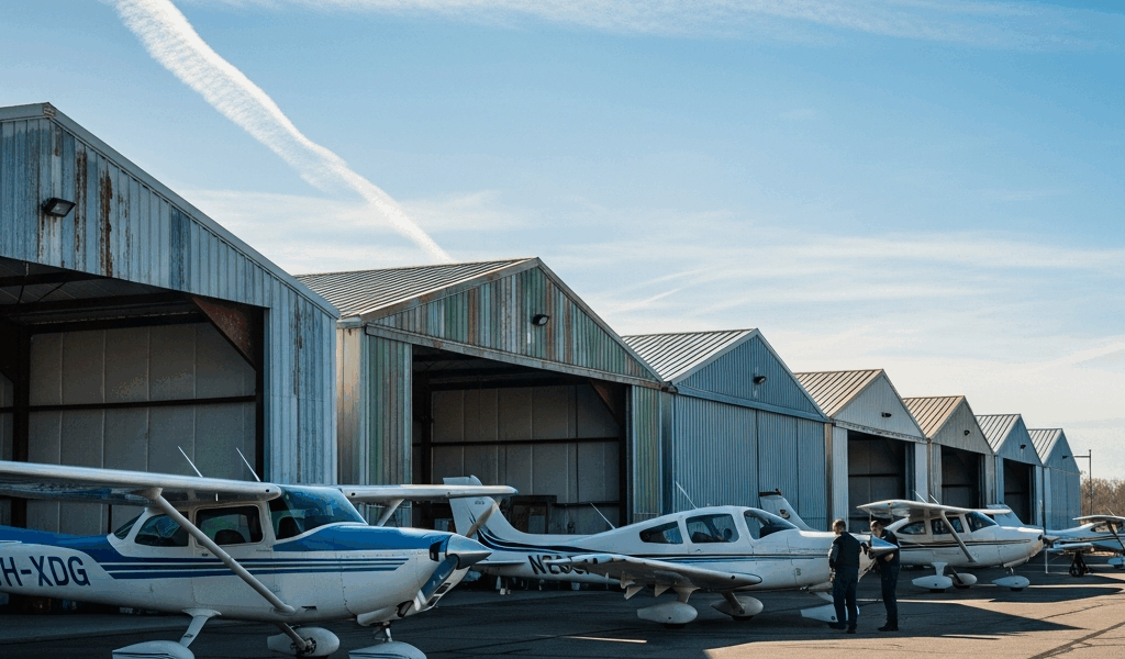 row of t hangars at a small general aviation airport single 20260331 094220