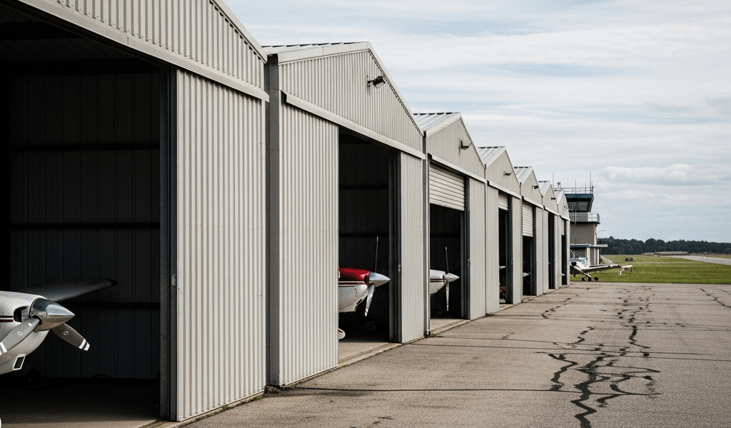 small aircraft T-hangar row at regional airport